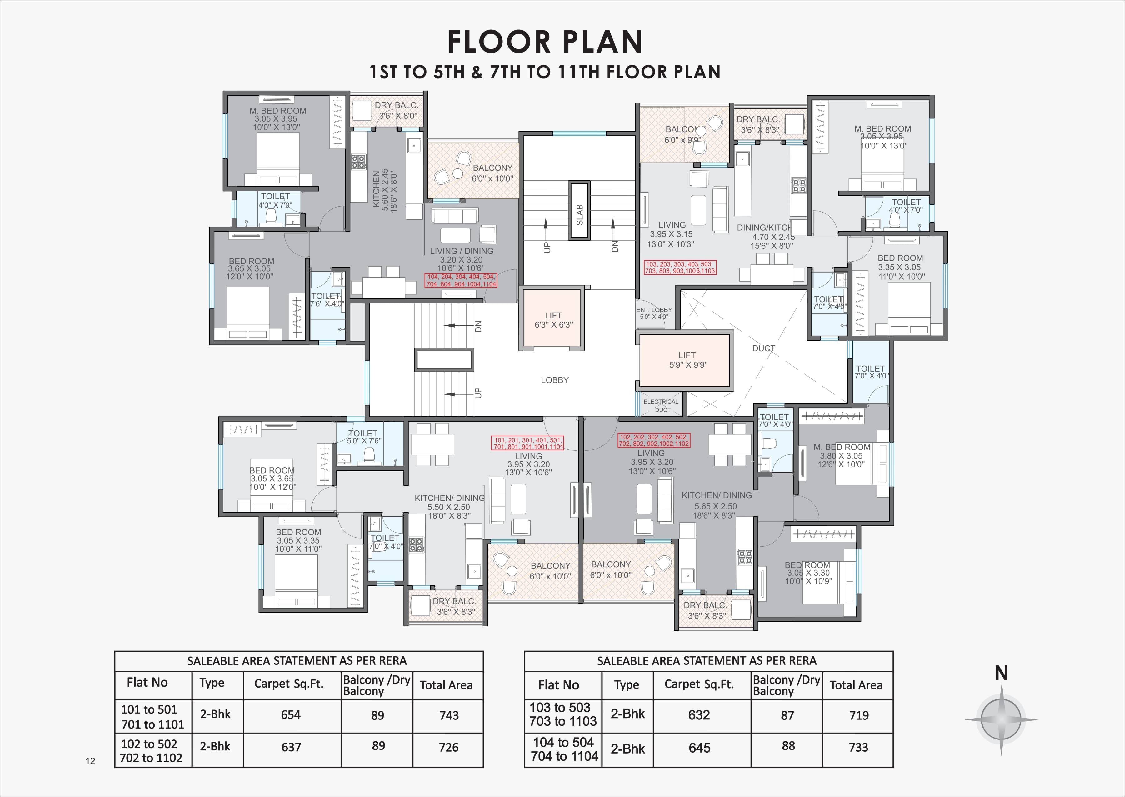 Platinum Royale Premium 2 BHK 1st-5th & 7th-11th Floor Floor Plan