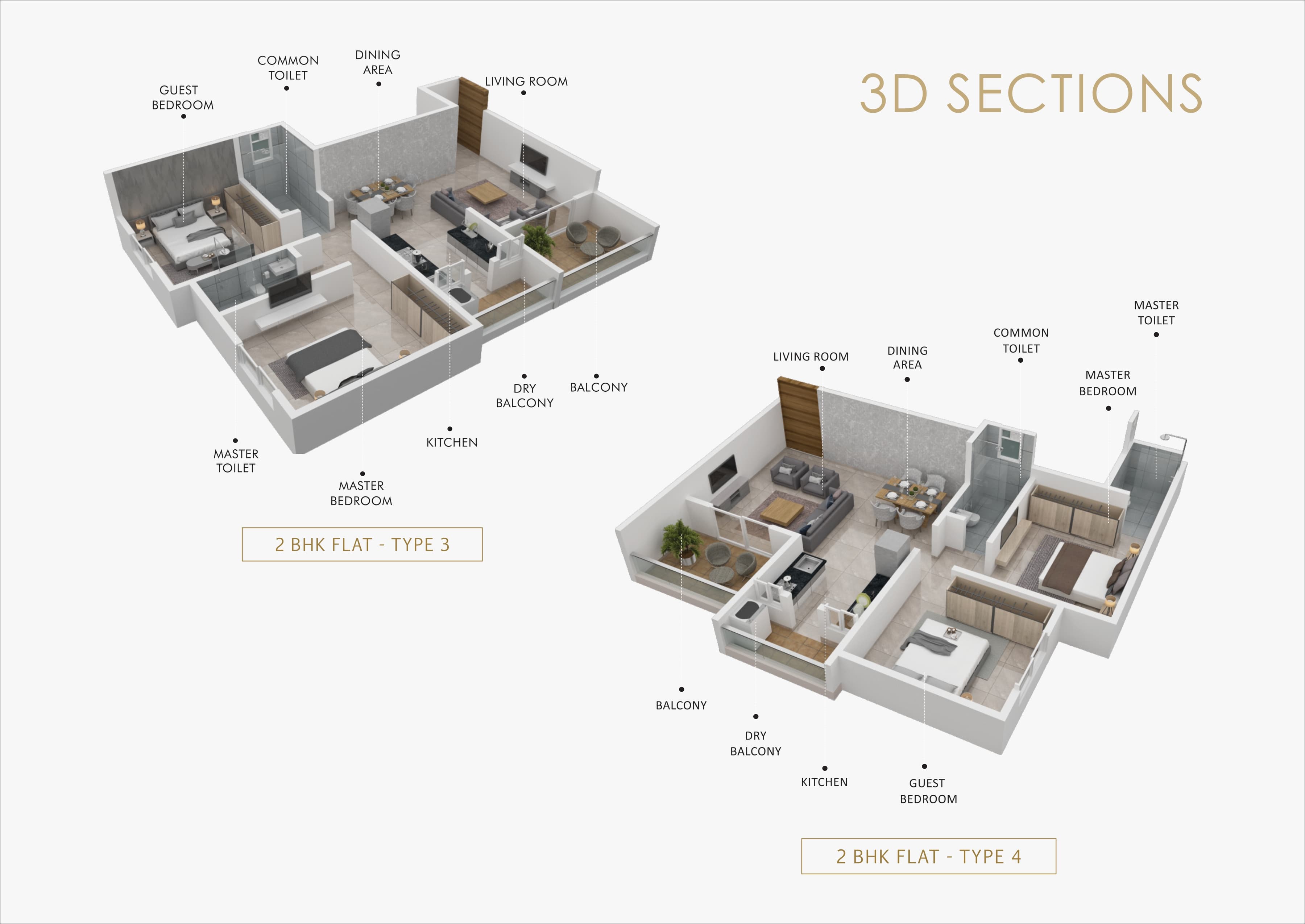 Platinum Royale Premium 2 BHK 3D Sections Floor Plan